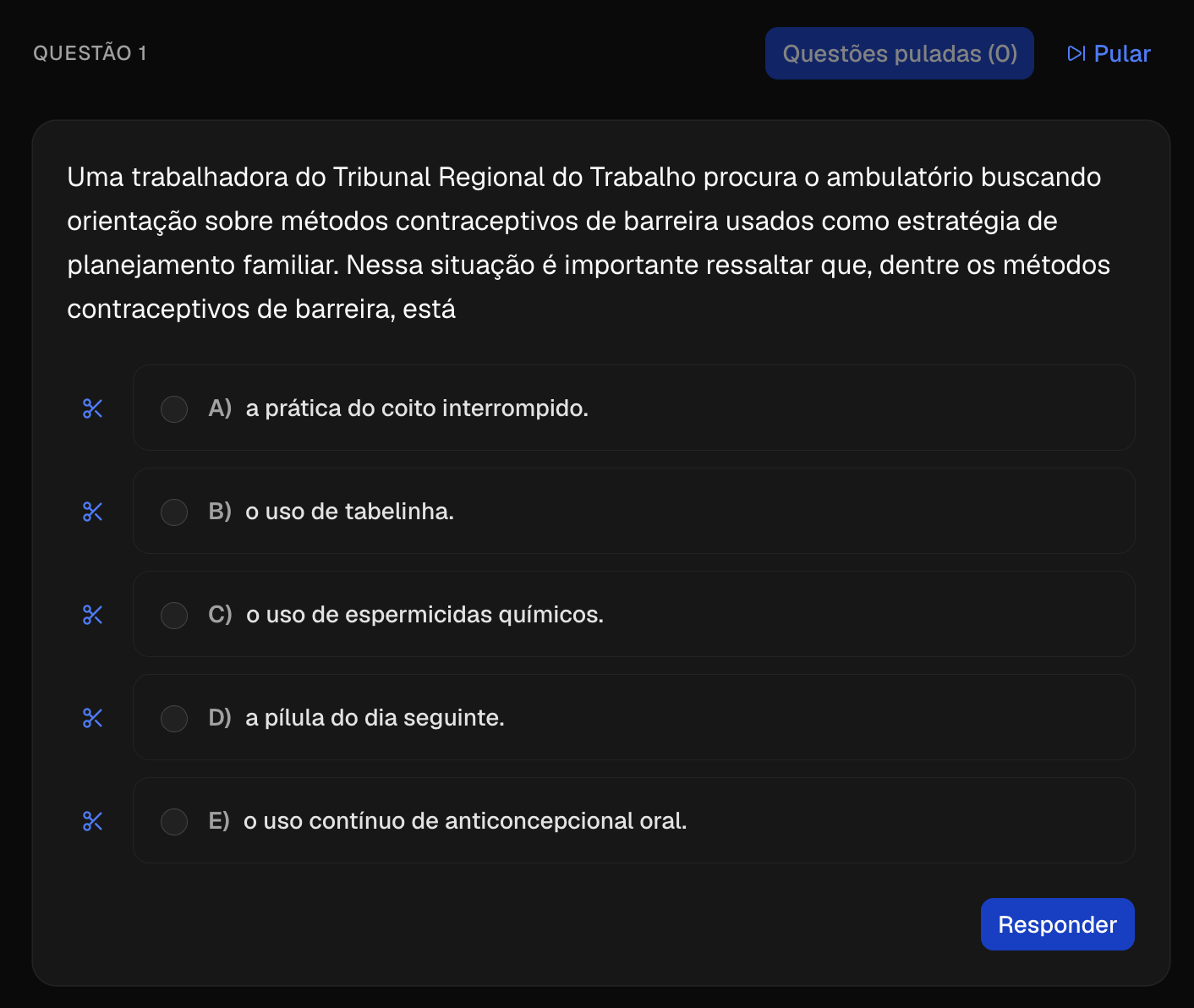 Questão com alternativas na plataforma