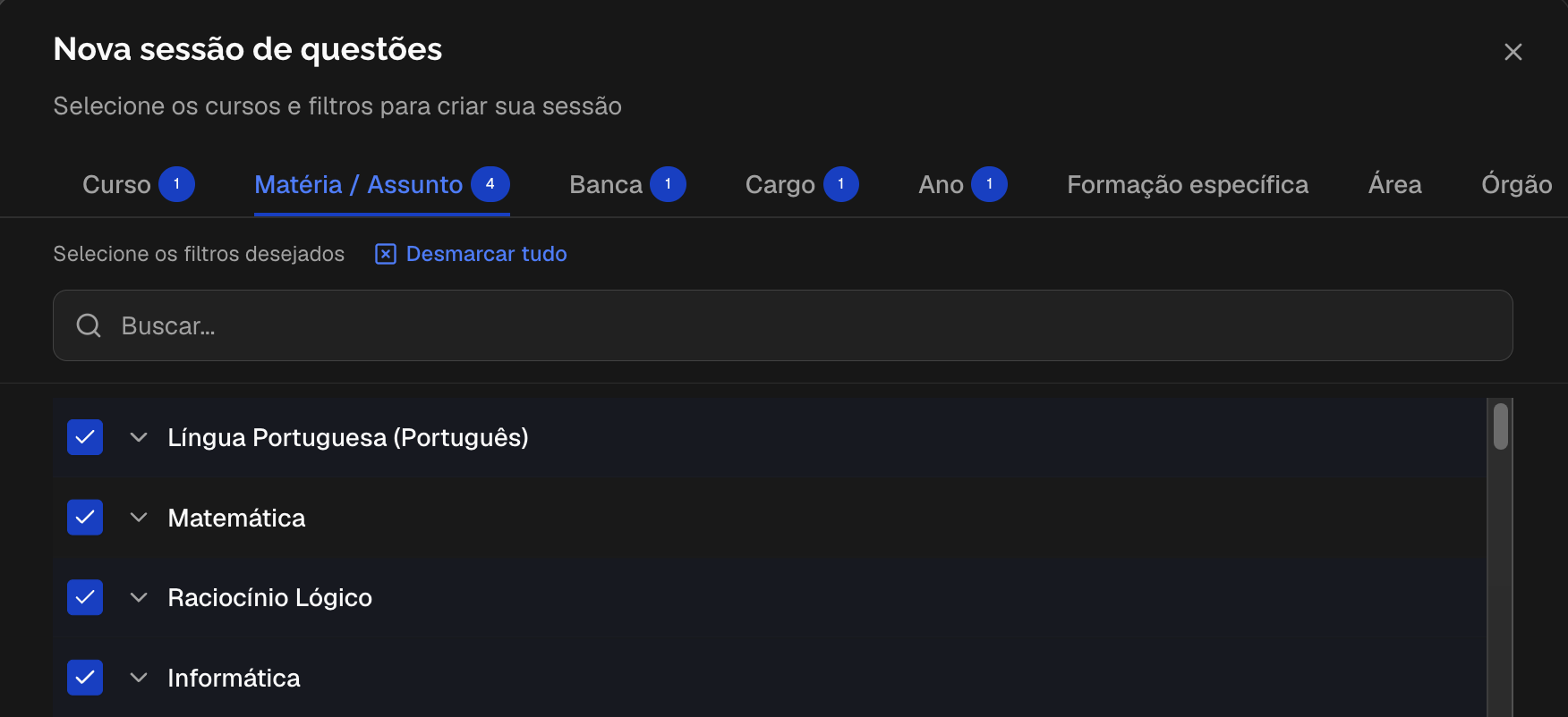 Filtros por matéria, banca, cargo e ano